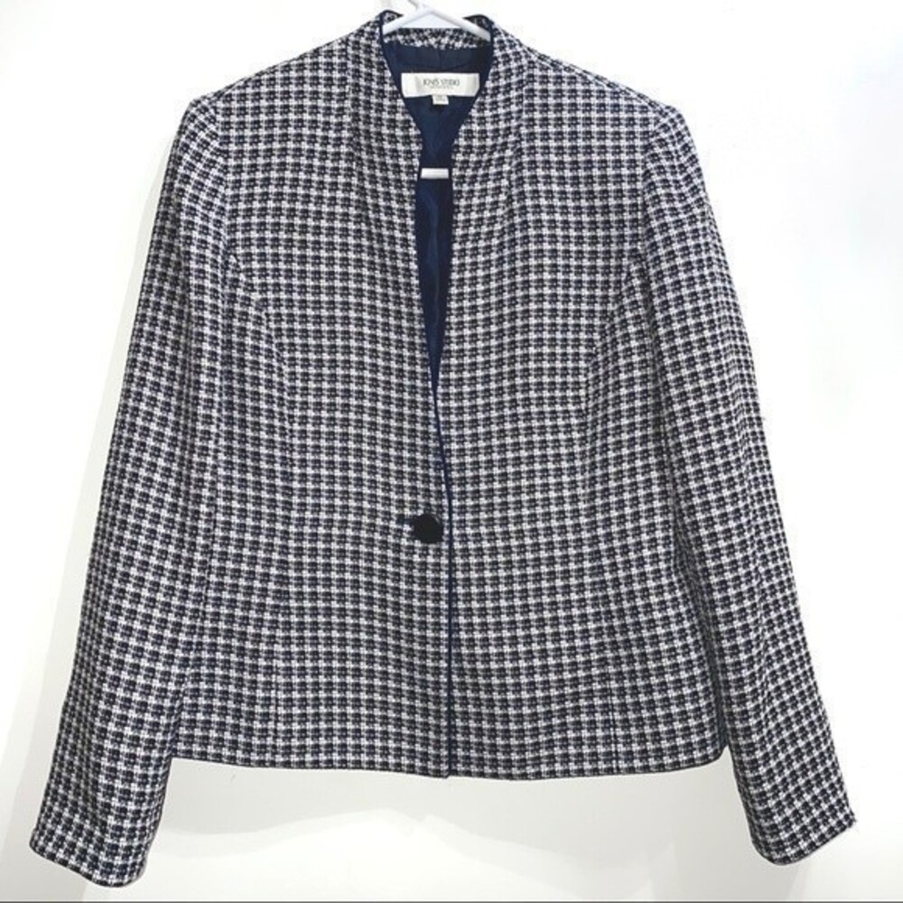 Jones Studio women’s size 10 navy blue white checkered blazer 247B1